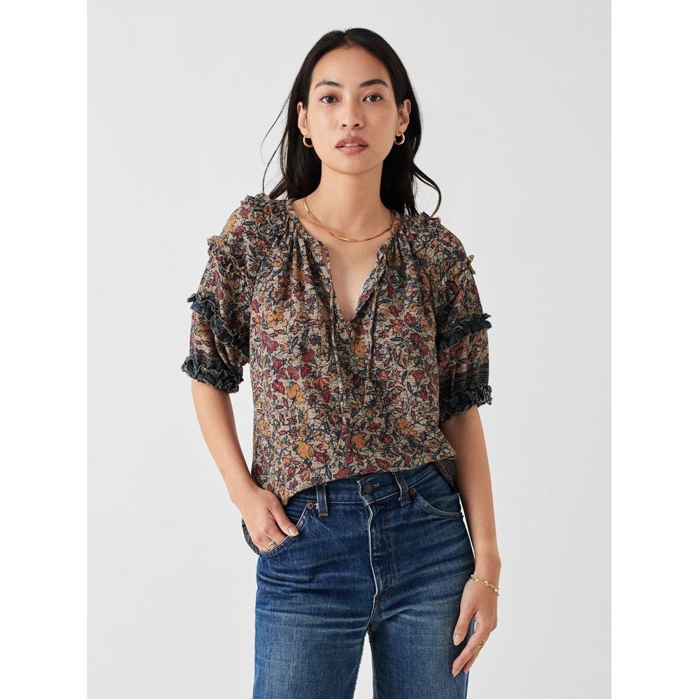 Faherty B.Yellowtail Bodhi Top L  Beige Red Blue Floral Ruffle Trim Bohe Prairie